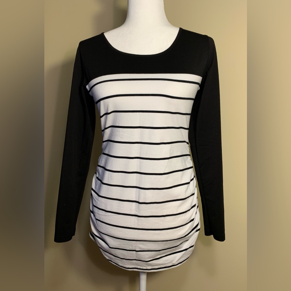 VGUC Stretchy Top: Black/White Stripes & Color Block, Ruched Sides, Tunic Length